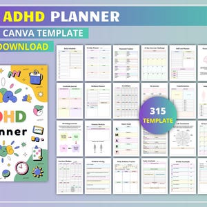 May include: A vibrant ADHD planner template, featuring the text "MEGA ADHD PLANNER" and "EDITABLE CANVA TEMPLATE". The planner offers numerous pages for scheduling, goal setting, and self-care, with a total of 315 templates. The design incorporates bright colours and playful illustrations.