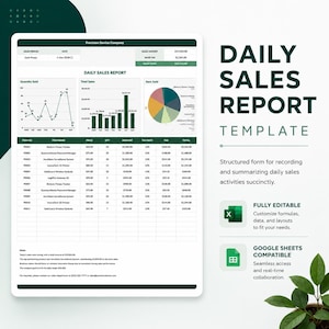 May include: A Daily Sales Report template for Precision Device Company featuring a line graph, bar chart, and pie chart. The document includes a detailed table with item numbers, names, prices, quantities, tax rates, and totals, plus a notes section.