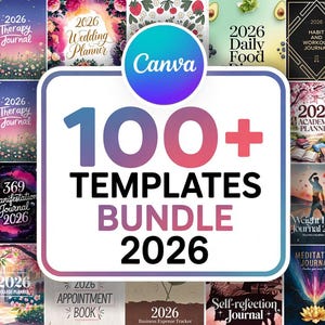 Puede incluir: Una colección de portadas de diarios coloridas con varios temas, incluyendo embarazo, terapia y planificación de bodas. La imagen presenta el texto "100+ TEMPLATES BUNDLE 2026" con el logo de Canva.