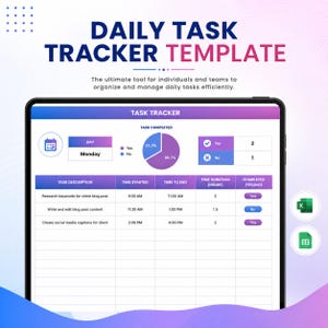 Puede incluir: Una tableta digital muestra una "Plantilla de seguimiento de tareas diarias" con un fondo degradado azul y morado. La plantilla incluye una lista de tareas para el lunes, con columnas para la descripción de la tarea, las horas de inicio y finalización, la duración y el estado de finalización.