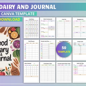 May include: A digital food diary and journal template with 50 pages, including meal planners, shopping lists, and recipe cards. The cover features a colourful illustration of food items like fruit, vegetables, and a cup of coffee. The text reads "Food Diary & Journal".
