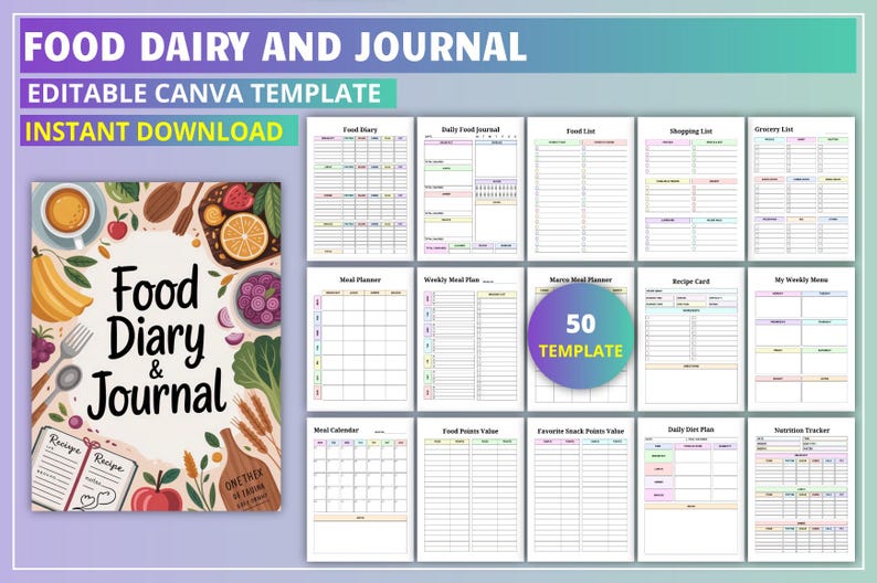 May include: A digital food diary and journal template with 50 pages, including meal planners, shopping lists, and recipe cards. The cover features a colourful illustration of food items like fruit, vegetables, and a cup of coffee. The text reads "Food Diary & Journal".