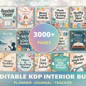 Op de afbeelding: Een verzameling geïllustreerde planner- en journaalomslagen, waaronder titels als "Garden Planner", "Pregnancy Journal" en "Ultimate Weight Loss Planner". De afbeelding toont een centrale cirkel met "3000+ PAGES" en tekst onderaan met de tekst "40+ EDITABLE KDP INTERIOR BUNDLE."
