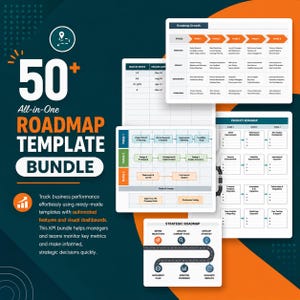 Könnte beinhalten: Ein Bundle mit über 50 All-in-One-Roadmap-Vorlagen. Das Bild zeigt verschiedene Diagramme und Grafiken, darunter Produkt- und strategische Roadmaps. Die Vorlagen dienen dazu, die Unternehmensleistung zu verfolgen.