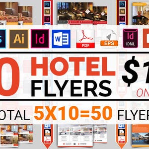Puede incluir: Imagen promocional de folletos de hotel. La imagen presenta el texto "10 HOTEL FLYERS $15 ONLY" en grandes fuentes naranjas y negras. Debajo, se lee "TOTAL 5X10=50 FLYERS". La imagen también muestra iconos de software de diseño y formatos de archivo.