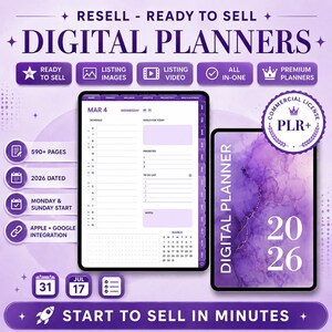 Könnte beinhalten: Werbebild für digitale Planer, das zwei Tablets mit Planer-Layouts zeigt. Der Text enthält "Digital Planners", "590+ Seiten", "2026 datiert" und "Start to Sell in Minutes". Das Bild hebt auch Funktionen wie Montag & Sonntag hervor.