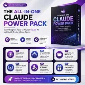 Könnte beinhalten: Eine rechteckige Produktbox mit der Aufschrift The All-In-One Claude Power Pack und einem Kronensymbol. Die Grafik enthält sechs nummerierte Abschnitte, die eine Kompetenzbibliothek, KI-Agenten, Projekte und weitere Tools beschreiben.