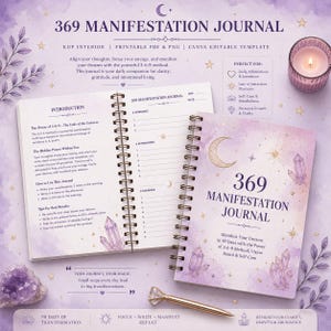 May include: A spiral-bound 369 Manifestation Journal with a purple watercolor cover featuring gold moon and crystal illustrations. The open journal displays an introduction page and a daily tracking page with sections for morning, afternoon, and evening.