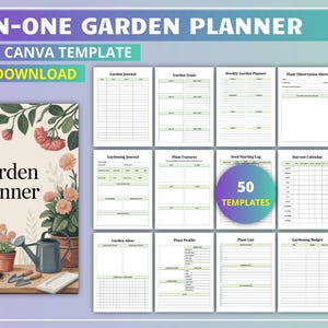 May include: A digital garden planner template with 50 templates, including a garden journal, plant observation sheet, and monthly garden calendar. The cover features a watercolor illustration of gardening tools and flowers. The text reads "ALL-IN-ONE GARDEN PLANNER".