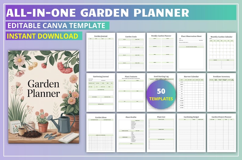 May include: A digital garden planner template with 50 templates, including a garden journal, plant observation sheet, and monthly garden calendar. The cover features a watercolor illustration of gardening tools and flowers. The text reads "ALL-IN-ONE GARDEN PLANNER".