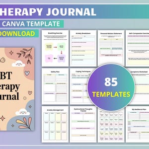 May include: A DBT Therapy Journal with an editable Canva template. The cover features a pastel design with clouds, hearts, and floral elements. The journal includes 85 templates for various exercises and worksheets, including breathing exercises and anxiety management.