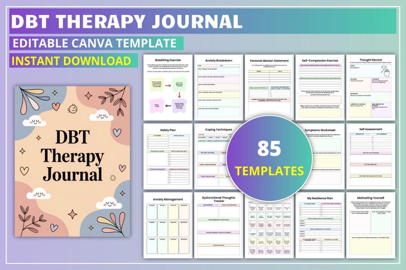 May include: A DBT Therapy Journal with an editable Canva template. The cover features a pastel design with clouds, hearts, and floral elements. The journal includes 85 templates for various exercises and worksheets, including breathing exercises and anxiety management.