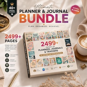 May include: A digital product bundle featuring 40+ editable planners and journals with 2499+ pages. The cover displays the text Ultimate Planner & Journal Bundle, Plan. Organize. Achieve., and showcases various planner covers like Garden and Fitness.