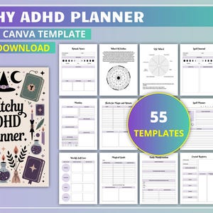 May include: A digital planner with a witchy theme, designed for ADHD. The cover features a whimsical design with books, a witch's hat, and stars. The planner includes 55 templates for various planning needs.