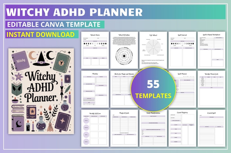 May include: A digital planner with a witchy theme, designed for ADHD. The cover features a whimsical design with books, a witch's hat, and stars. The planner includes 55 templates for various planning needs.