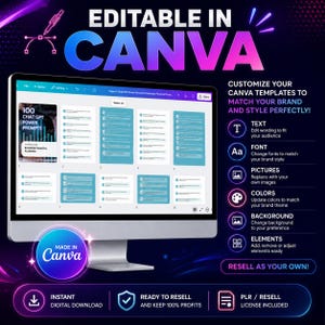 May include: A computer screen displays a Canva template with the text "EDITABLE IN CANVA." The template includes 100 Chat GPT Power Prompts for business financial planning. The design is customizable, allowing users to edit text, fonts, pictures, colors, and background.