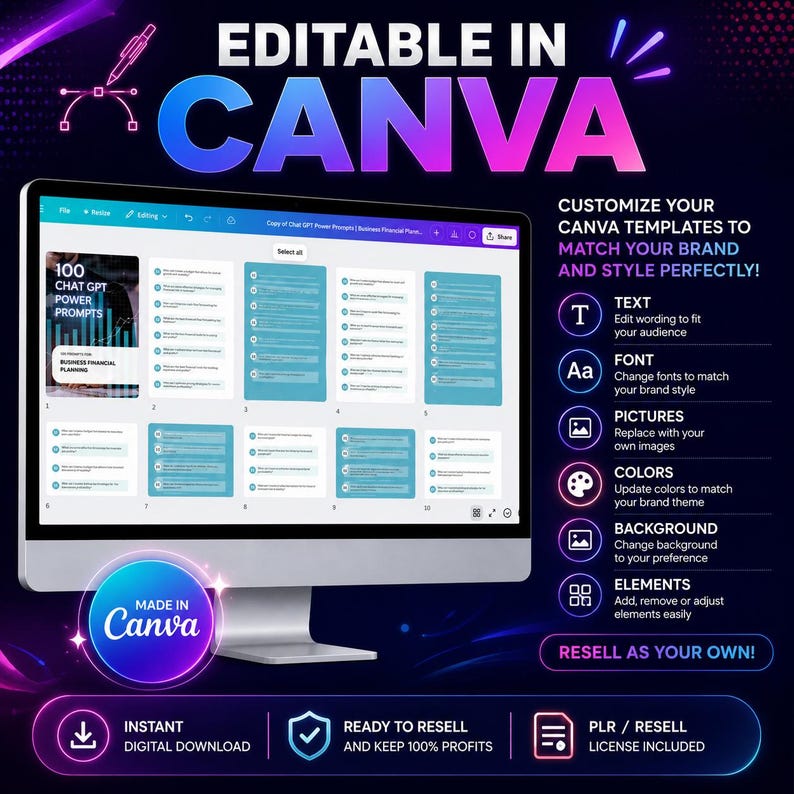 May include: A computer screen displays a Canva template with the text "EDITABLE IN CANVA." The template includes 100 Chat GPT Power Prompts for business financial planning. The design is customizable, allowing users to edit text, fonts, pictures, colors, and background.