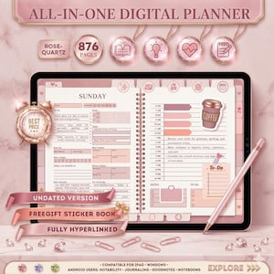 May include: A digital planner displayed on a tablet, featuring a rose quartz color scheme. The planner includes sections for daily tasks, notes, and a coffee icon. The text includes "ALL-IN-ONE DIGITAL PLANNER", "876 PAGES", "UNDATED VERSION", and "FREEGIFT STICKER BOOK".