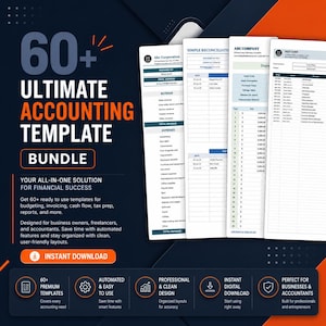 May include: A bundle of accounting templates with the text "60+ Ultimate Accounting Template Bundle." The image shows several open documents with financial data. The text also mentions an all-in-one solution for financial success, designed for business owners, freelancers, and accountants.