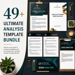 May include: A collection of business analysis templates including documents titled Current State Future State Analysis, Employee Training Needs Analysis, Project Management Analysis, Recruitment Analysis, Data Analysis, and Soar Analysis with office supplies.
