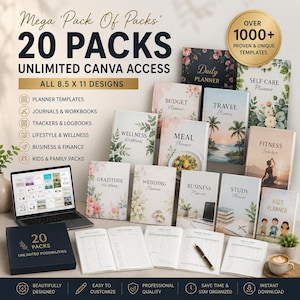 May include: A collection of 20 planner and journal templates with 8.5 x 11 inch designs, featuring various covers like Daily Planner, Wellness Journal, and Fitness Tracker. Includes a laptop displaying digital layouts and a printed box set.