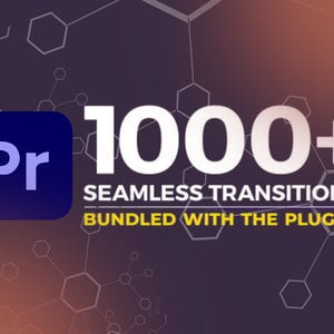 Może przedstawiać: Obraz przedstawia logo Adobe Premiere Pro z tekstem "1000+ SEAMLESS TRANSITIONS BUNDLED WITH THE PLUGIN!" na ciemnym tle z geometrycznym wzorem. Logo to niebieski kwadrat z białym "Pr".