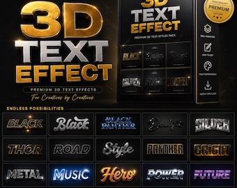 May include: A digital product box for a 3D text effect pack featuring gold and silver typography. The box displays various text styles like Black, Silver, and Hero. The design includes icons for customization, organization, and instant download features.