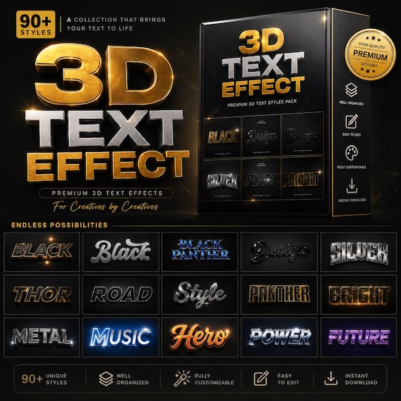 Metallic 3D Text Effect | Editable Photoshop PSD Bundle | Smart Object Layered Font Effect | High-Resolution 3D Typography Design, 3d text