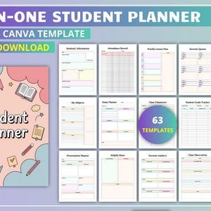 May include: A digital student planner template with the text "ALL-IN-ONE STUDENT PLANNER" and "EDITABLE CANVA TEMPLATE". The planner includes 63 templates and features a colourful design with books, pencils, and stars.