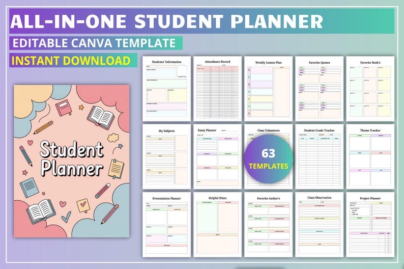 May include: A digital student planner template with the text "ALL-IN-ONE STUDENT PLANNER" and "EDITABLE CANVA TEMPLATE". The planner includes 63 templates and features a colourful design with books, pencils, and stars.