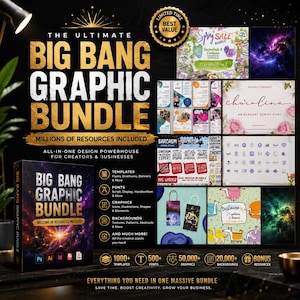 Może przedstawiać: Cyfrowa kolekcja zasobów projektowych zatytułowana The Ultimate Big Bang Graphic Bundle, zawierająca czarne pudełko z grafiką galaktyki, złotym tekstem oraz kolażem dołączonych zasobów, takich jak czcionki, szablony, ikony i wzory.