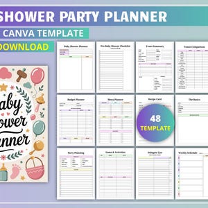 May include: A baby shower party planner template with a decorative cover featuring baby-themed illustrations. The planner includes 48 templates for event planning, budget tracking, and guest management. The text "Baby Shower Party Planner" is displayed prominently.