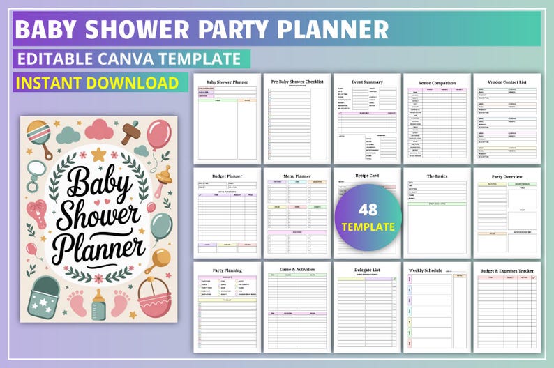 May include: A baby shower party planner template with a decorative cover featuring baby-themed illustrations. The planner includes 48 templates for event planning, budget tracking, and guest management. The text "Baby Shower Party Planner" is displayed prominently.