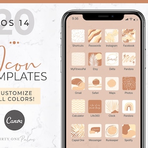May include: A mobile phone screen shows custom app icons in beige and brown hues. The image includes the text "20 IOS 14 Icon Templates" and "Customize All Colors!" The icons represent apps like Instagram and Etsy.