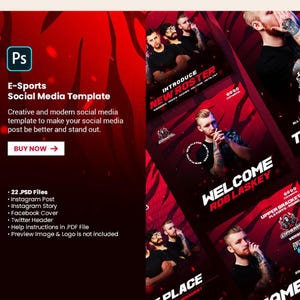 Może przedstawiać: Czerwony i czarny szablon mediów społecznościowych E-Sports z tekstem "E-Sports Social Media Template". Szablon zawiera tekst "BUY NOW" i "WELCOME ROB LASKEY". Szablon zawiera również obrazy ludzi.