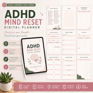 Op de afbeelding: ADHD Mind Reset digitale planner met een tablet die de cover met een hersenillustratie toont, omringd door acht paginasjablonen waaronder een inhoudsopgave, actieplan voor doelen, takenlijsten en dagelijkse zelfzorgchecklists.