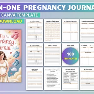 May include: A pregnancy journal with the title "My Pregnancy Journal" and the text "All-In-One Pregnancy Journal" and "Editable Canva Template". The journal cover features a pregnant person and baby-themed illustrations. The journal includes 100 templates.
