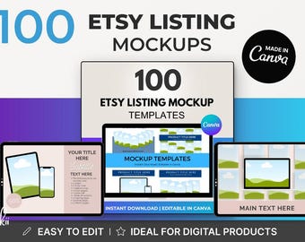 100 plantillas de maquetas de anuncios de Etsy / Plantillas de Canva editables con PLR / Kit de exhibición de productos digitales y marca para vendedores de Etsy