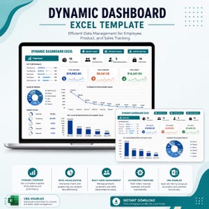 Dynamic Dashboard Excel Template | Business Analytics Dashboard | Sales Tracker | Employee & Product Management