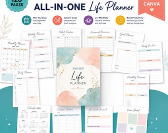 May include: A 2026 and 2027 all-in-one life planner with 126 pages, editable on Canva. The set includes various templates like a monthly planner, habit tracker, financial overview, goal planner, daily routine, and gratitude journal, measuring 8.5 x 11 inches.