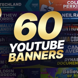 Op de afbeelding: Een verzameling van 60 YouTube banner templates. De afbeelding toont het gouden getal 60 met de woorden "YouTube Banners" in het wit. De banners hebben verschillende ontwerpen en bevatten tekst zoals "Techland" en "Cole Perkins".