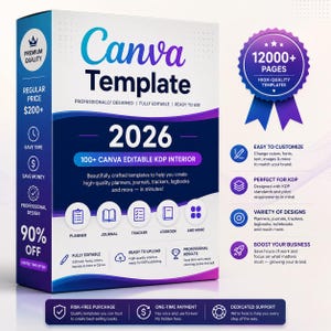 Op de afbeelding: Een rechthoekige doos met de tekst Canva Template 2026 100+ Canva Editable KDP Interior. Het ontwerp bevat blauwe en paarse gradiënten, een badge van 12000+ pagina's en iconen voor planners, journals, trackers en logboeken met tekst.