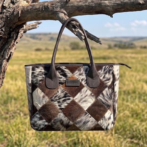 Patchwork Cowhide Tote Bag for Women, Leather Shoulder Bag, Western Handbag, Cow Print Purse, Rustic Boho Bag, Gift for Her, Everyday Tote