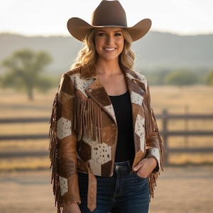 Custom Cowhide Fringe Jacket Women, Patchwork Cowhide leatherJacket , Boho Biker Leather Jacket Women, Handmade Western Cowgirl Jackets