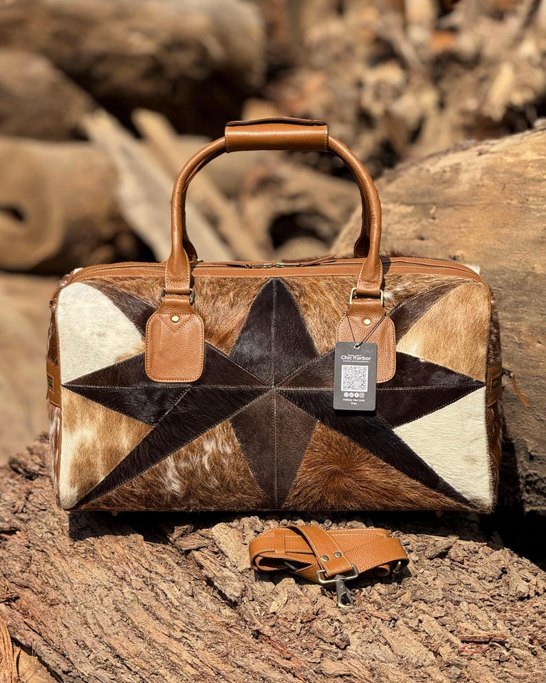 Patchwork Cowhide Duffle Bag, Cow Hide leather weekender bag , Hair on Hide Traveling DuffleBags Gift for Him and Her