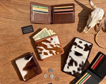 Plånbok i kohud för män, handgjord bifold plånbok, plånbok med västerländskt kotryck, smal läderplånbok, minimalistisk plånbok, fars dag-presenter