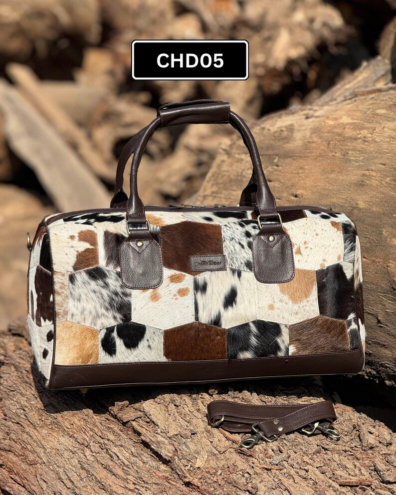 Patchwork Cowhide Duffle Bag, Cow Hide leather weekender bag , Hair on Hide Traveling DuffleBags Gift for Him and Her