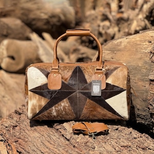 Patchwork Cowhide Duffle Bag, Cow Hide leather weekender bag , Hair on Hide Traveling DuffleBags Gift for Him and Her Father's day gifts