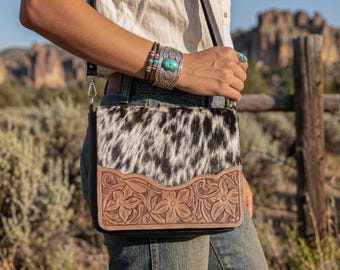 Rindsleder Klappe Crossbody Geldbörse, punzierte Ledertasche, Western Hairon Tasche, Boho Schultertasche für Frauen Geschenk für Mama