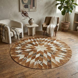 May include: A round, brown and white patterned rug with a starburst design dominates the room. The rug is made of various geometric shapes and textures. Two armchairs and a small side table are also in the room, along with a potted plant and artwork.